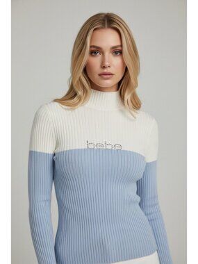 bebe Blue White Colorblock Ribbed Mock Neck Rhinestone Logo Sweater Women’s M